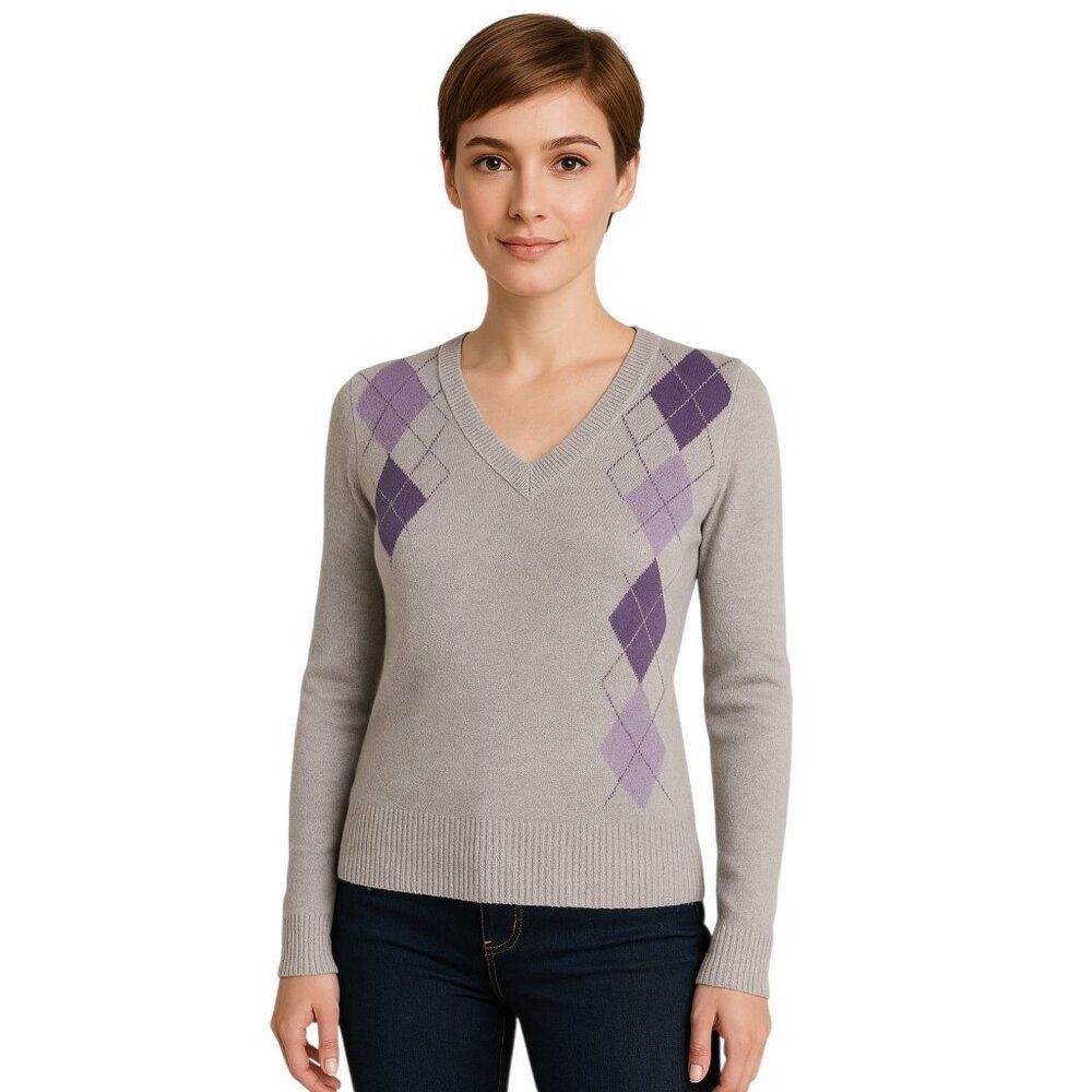DKNY Jeans Sweater Argyle V Neck Gray Purple Women's WOMAN'S Medium